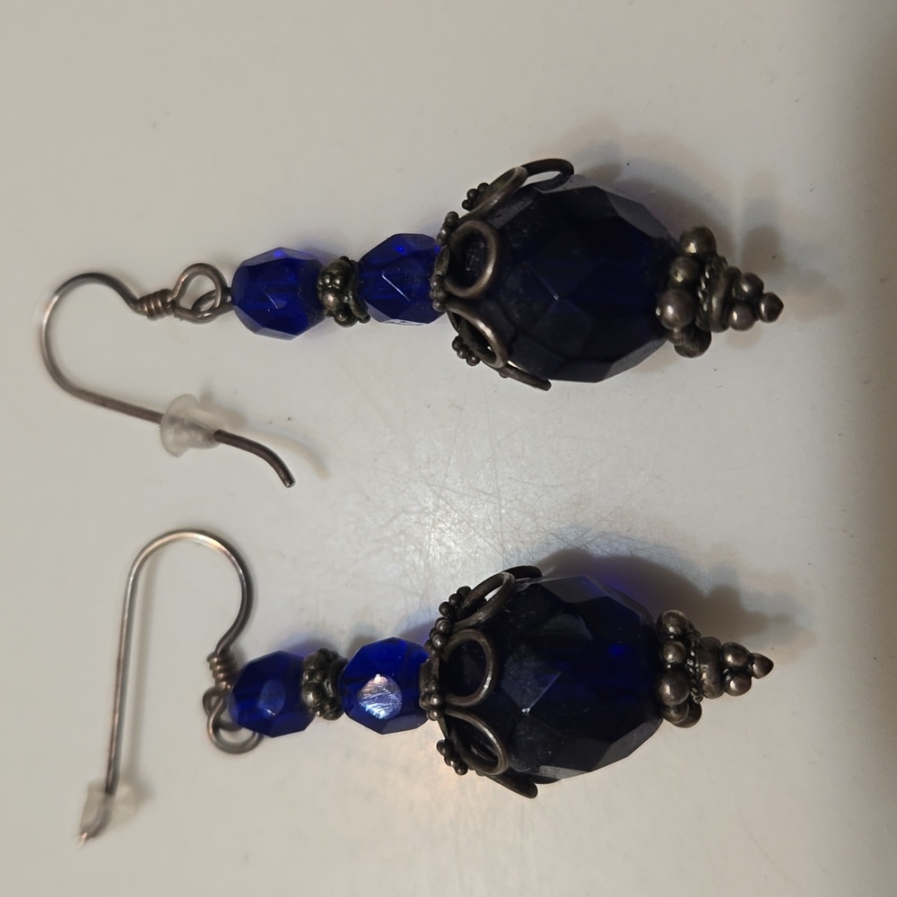 Silver and Blue Glass Bead Faceted Earrings